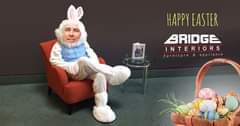 May be an image of 1 person, indoor and text that says "HAPPY EASTER BRIDGE INTERIORS E furniture & appliance"
