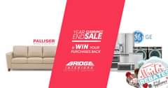 May be an image of text that says "PALLISER My Home, Style, Way" YEAR CLEARANCE ENDSALE & WIN YOUR PURCHASES BACK g& GE BRIDGE INTERIORS furniture appllance REBATÉ liance REBATE Winter geappliances.c"