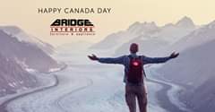 Image may contain: one or more people, people standing, mountain, sky, ocean, outdoor, nature and water, text that says 'HAPPY CANADA DAY BRIDGE INTERIORS furniture appliance'